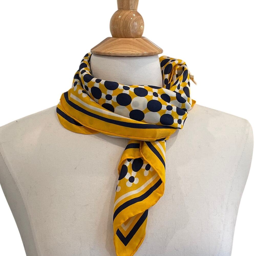 Vintage Glentex Silk Blend Hand Rolled Made in Japan Yellow Navy Square Scarf